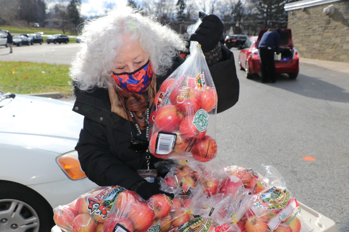 NECSD Board of Education President, Ms. Carole Mineo distributes bags of apples that were grown locally.